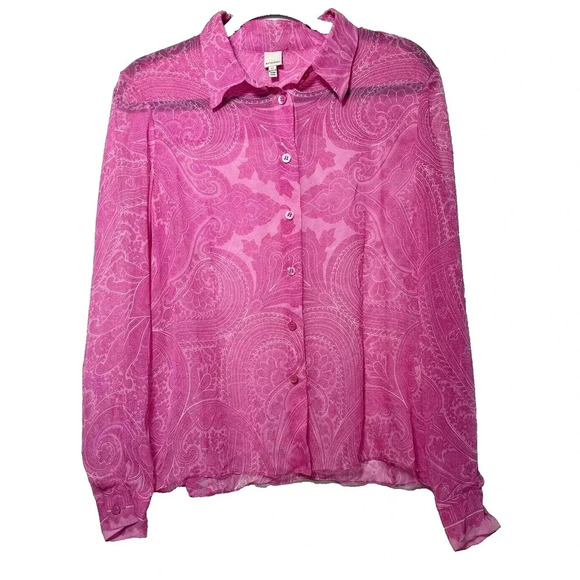 Vintage 100% Silk Anne Klein Long Sleeve Sheer Button Up Women Sz 12 Cowgirlcore - Picture 1 of 4